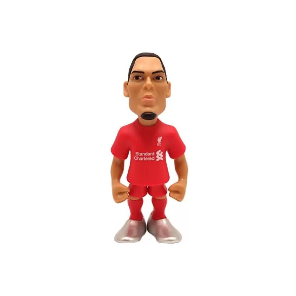 Front view of the Van Dijk MINIX Figurine, showcasing his Liverpool kit, football boots, and commanding expression.