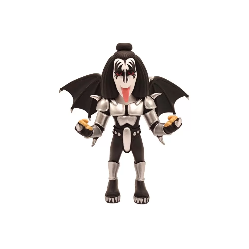 Front view of The Demon Minix Figurine, showcasing his wild expression, black leather outfit, and distinctive face paint.