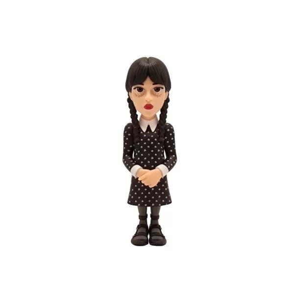 Front view of the Wednesday Addams MINIX Figurine, showcasing her black dress, pigtails, and signature expression.