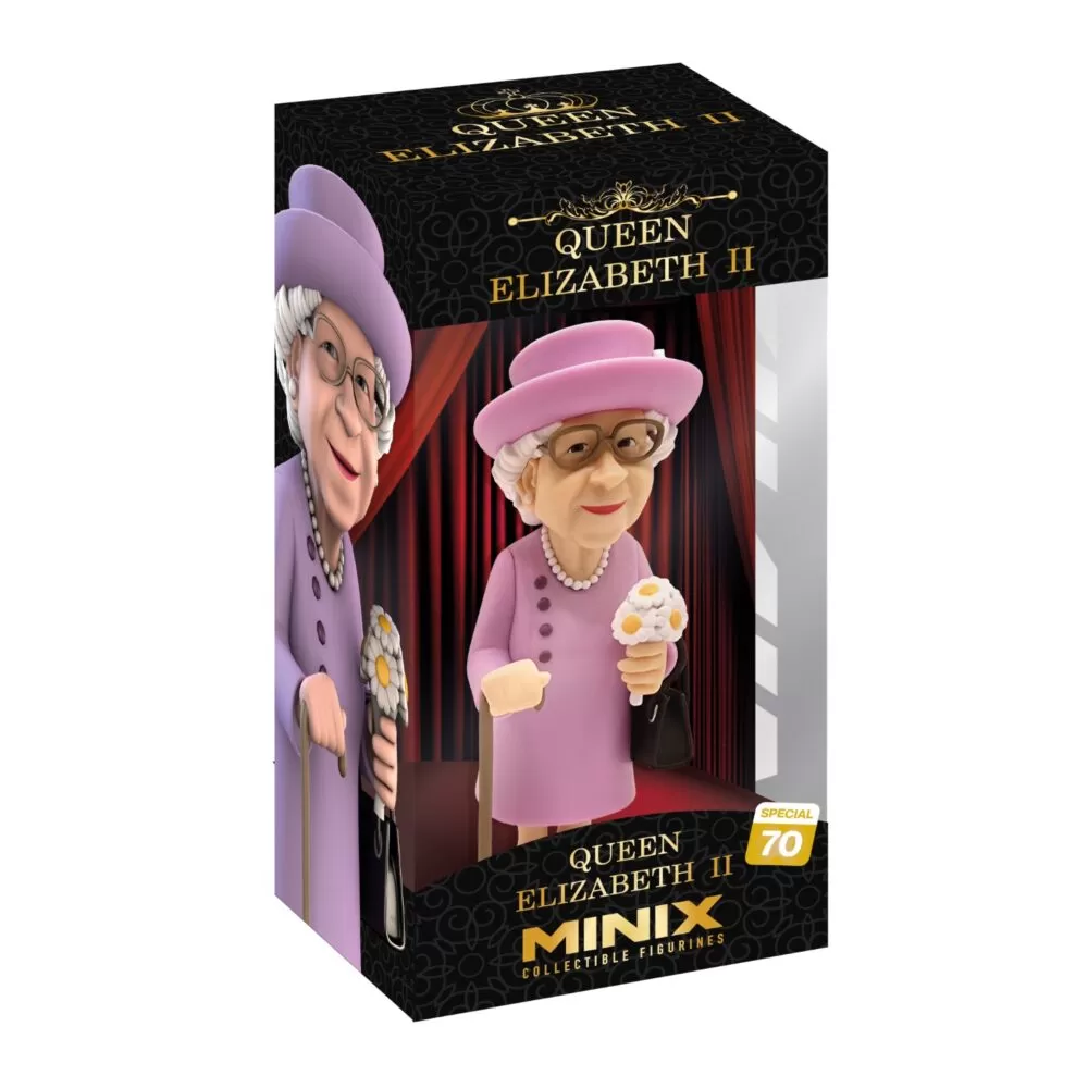 View of the packaging for the Queen Elizabeth II MINIX Figurine, featuring window display box design with clear packaging for protection.