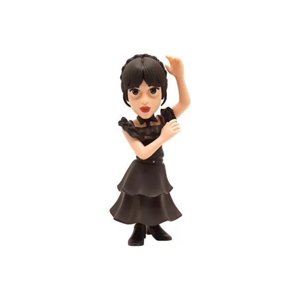 Front view of the Wednesday Addams Minix Figurine, showcasing her black dress, braids, and solemn expression.