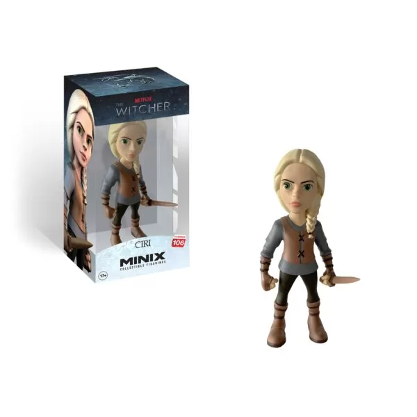 Front unboxed view of the Ciri Minix Figurine, showcasing the intricate details of her sword and outfit.