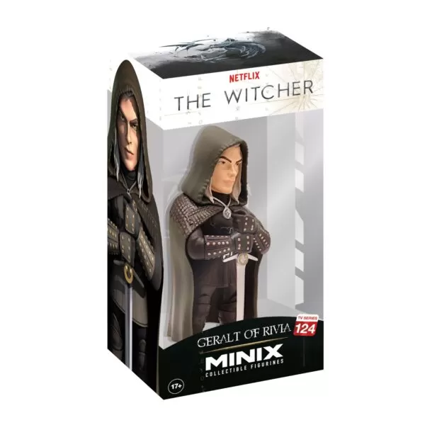 View of the packaging for the Geralt of Rivia MINIX Figurine, featuring window display box design with clear packaging for protection.