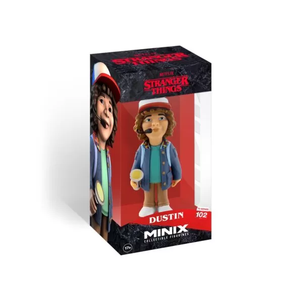 View of the packaging for the Dustin Minix Figurine, featuring window display box design with clear packaging for protection.