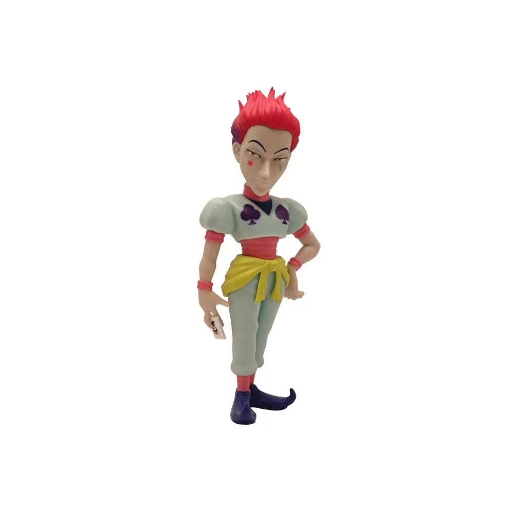 Front view of the Hisoka MINIX Figurine, showcasing his flamboyant outfit, face paint, and confident expression.