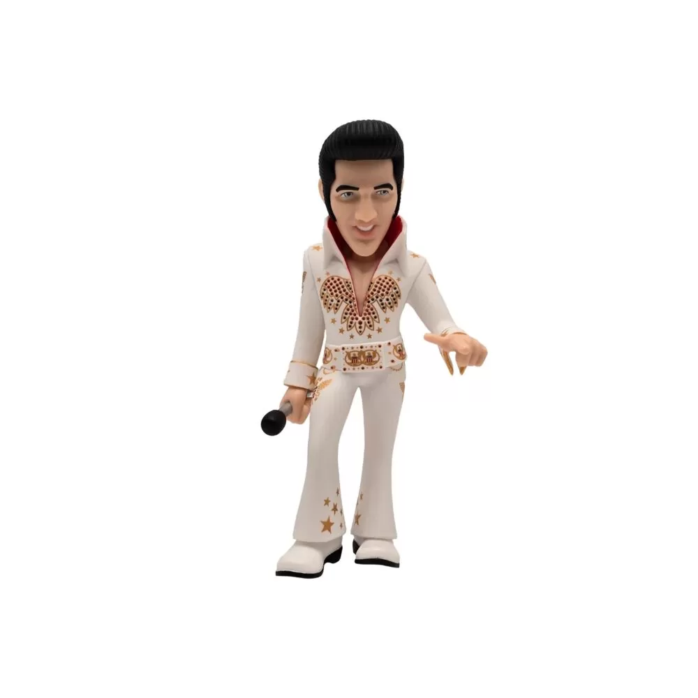 Front view of the Elvis Presley MINIX Figurine, showcasing his 50s rockabilly style, hairstyle, and mic in hand.