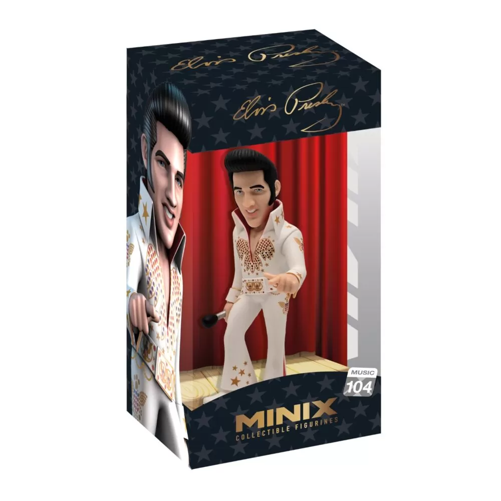 View of the packaging for the Elvis Presley MINIX Figurine, featuring window display box design with clear packaging for protection.