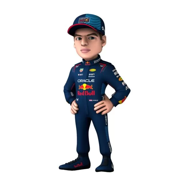 Front view of the Max Verstappen MINIX Figurine, showcasing his Red Bull Racing suit, Cap, and confident racing posture.