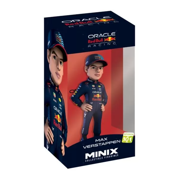 View of the packaging for the Max Verstappen MINIX Figurine, featuring window display box design with clear packaging for protection.