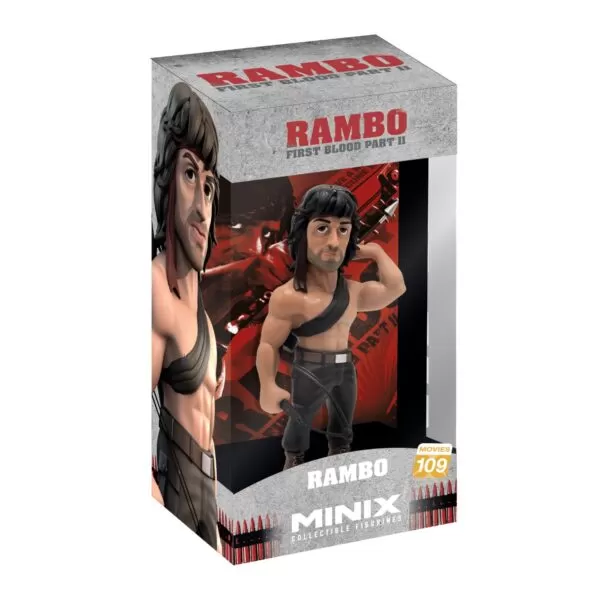 View of the packaging for the Rambo MINIX Figurine, featuring window display box design with clear packaging for protection.