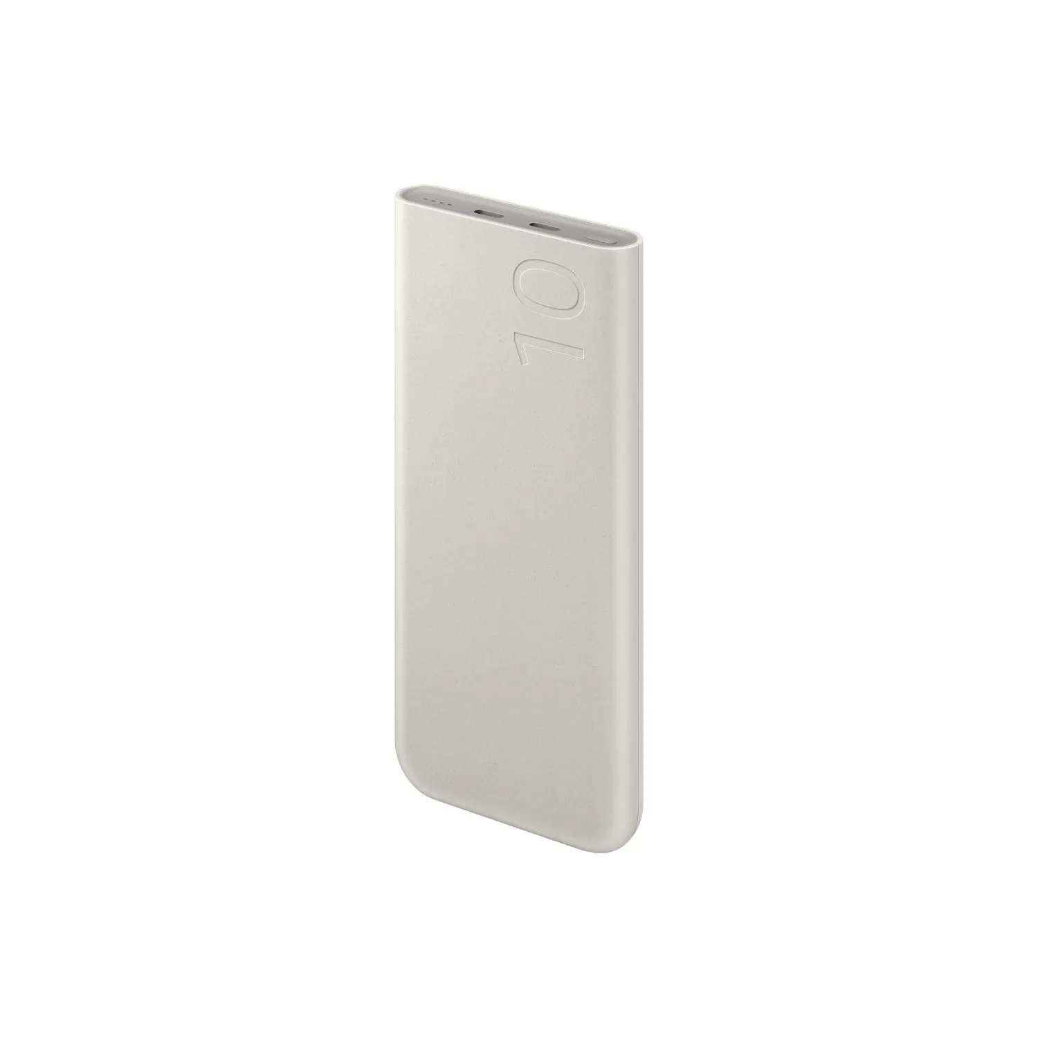 Side angle of the Samsung power bank 10000mAh, highlighting its sleek design and dual USB-C ports for fast charging multiple devices