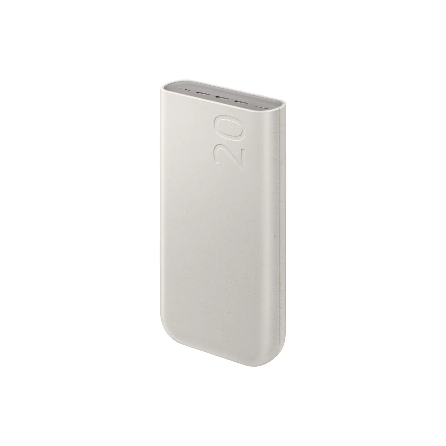 Tilted view of the front of the samsung power bank 20000mAh in beige, showing super fast charging ports and compact premium finish. A samsung original power bank for high-speed portable charging.