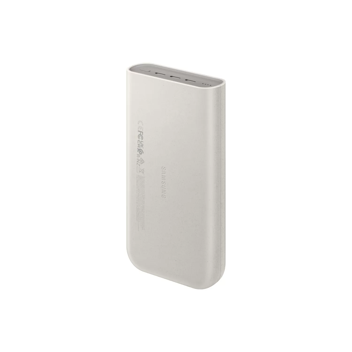 Tilted view of the back of the samsung power bank 20000mAh in beige, showing super fast charging ports and compact premium finish. A samsung original power bank for high-speed portable charging.