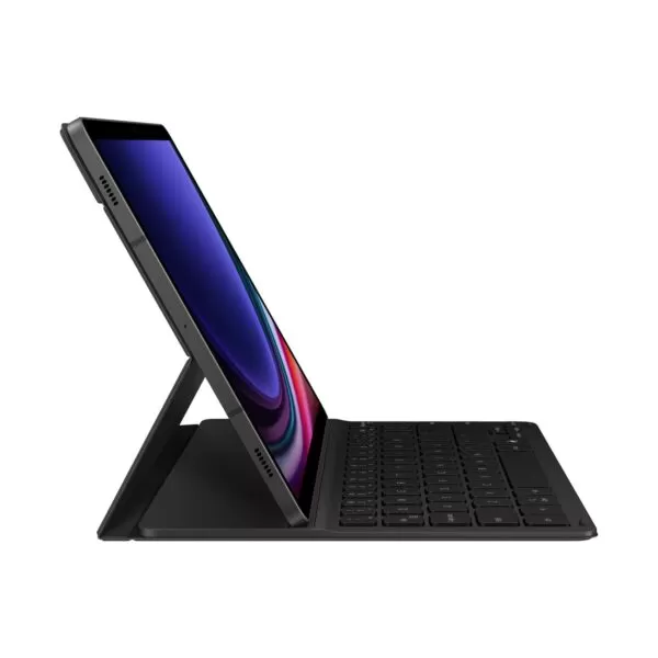 Side view of Samsung Galaxy Tab S9 Black Keyboard Slim Book Cover highlighting its sleek design.