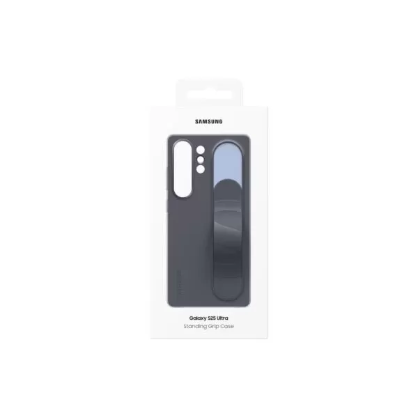 Retail packaging of the Samsung S25 Ultra Cover Standing Grip Case in Black