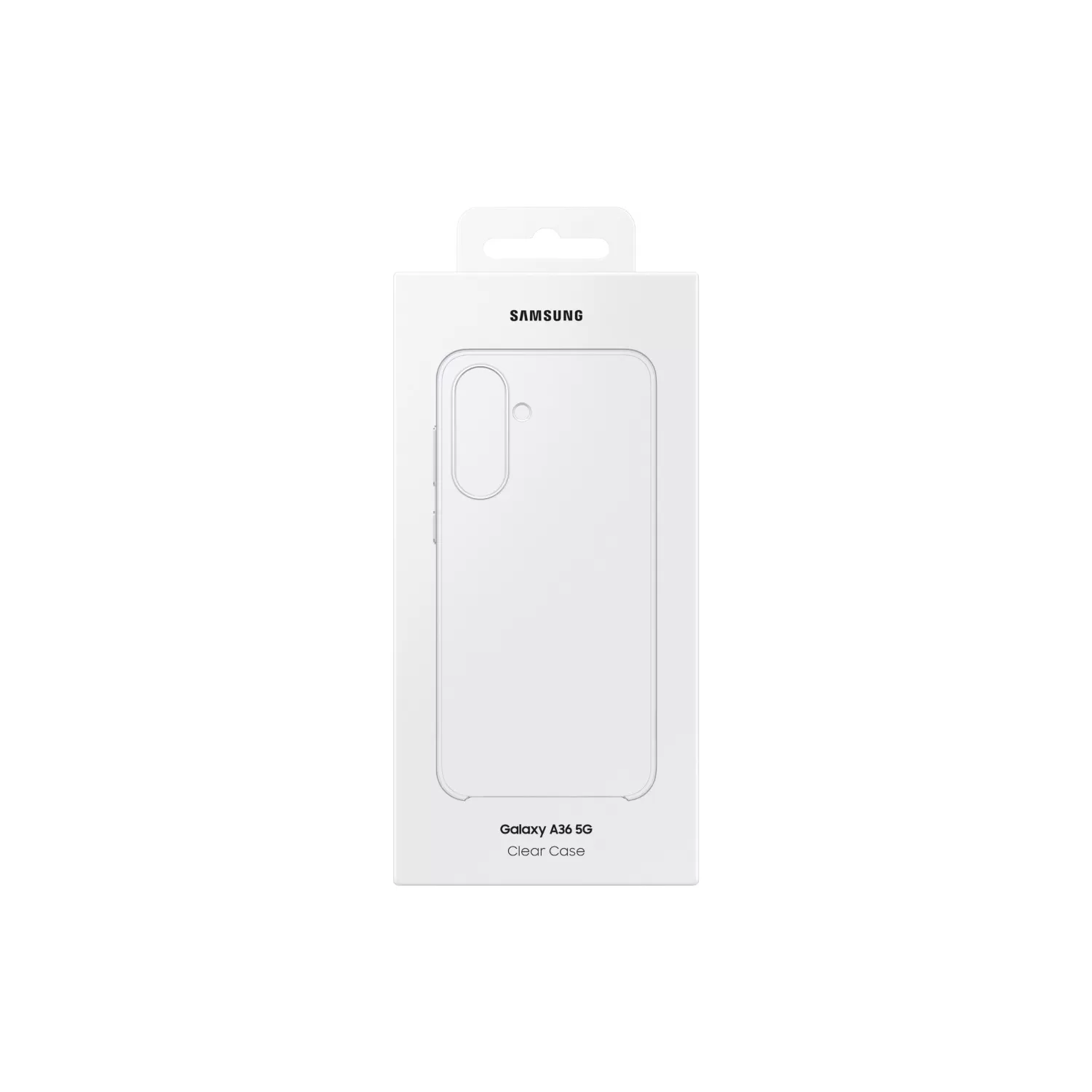 Front view of the retail packaging for the Official Samsung Clear Case for Samsung Galaxy A36 in clear