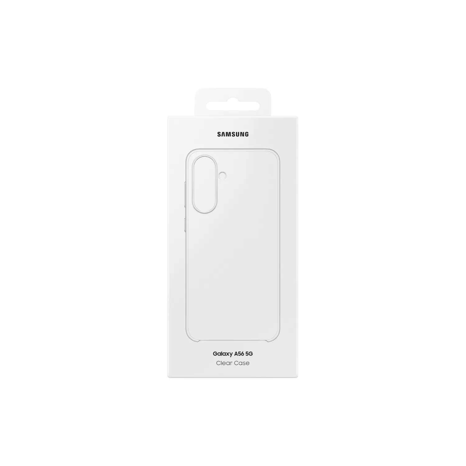 Front view of the retail packaging for the Official Samsung Clear Case for Samsung Galaxy A56 in clear