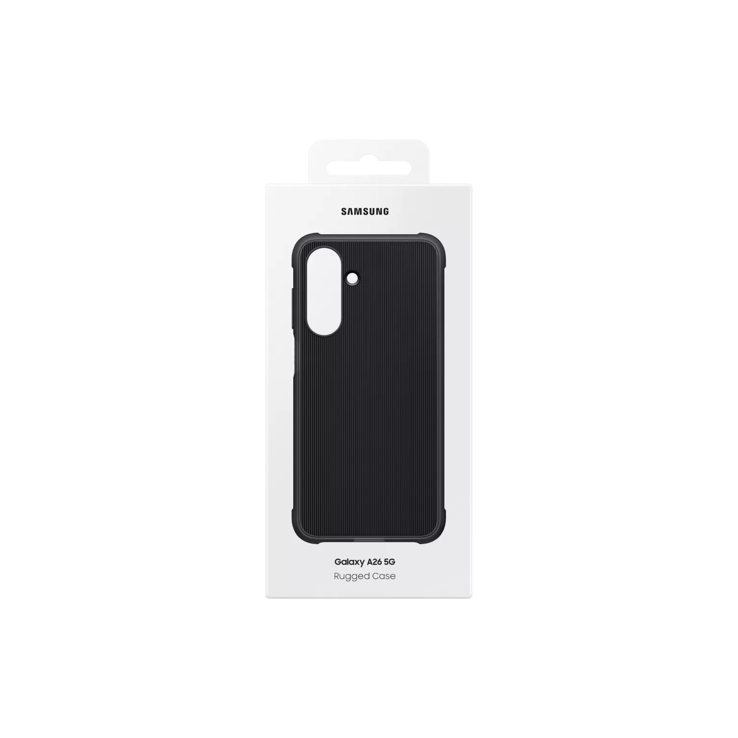 Front view of the retail packaging for the Official Samsung Rugged Case for Samsung Galaxy A26 in black