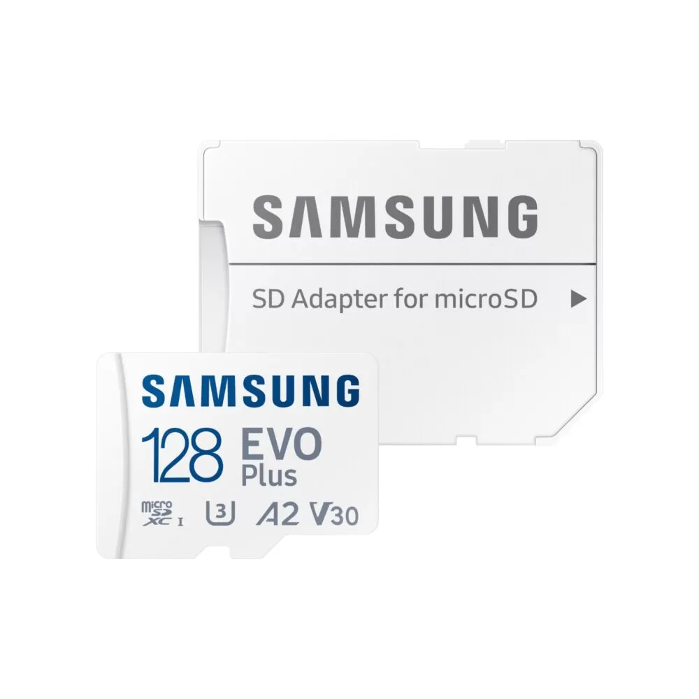 Samsung Evo Plus 128GB Micro SD Card alongside its included adapter for compatibility.