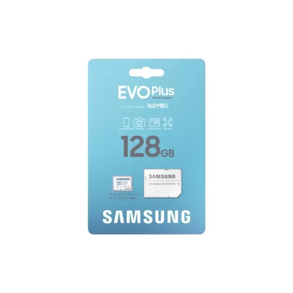 Retail packaging of the Samsung Evo Plus 128GB Micro SD XC Memory Card and Adapter.