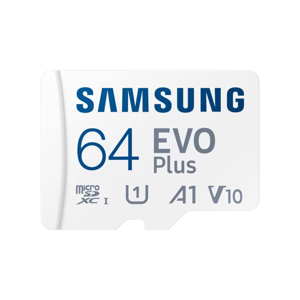 Front view of the 64GB Samsung Evo Plus Micro SD XC Memory Card with Adapter.