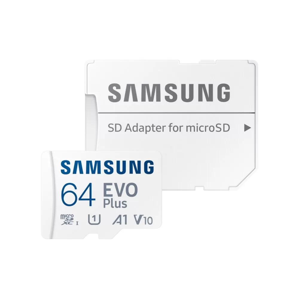 Samsung Evo Plus 64GB Micro SD Card alongside its included adapter for compatibility.