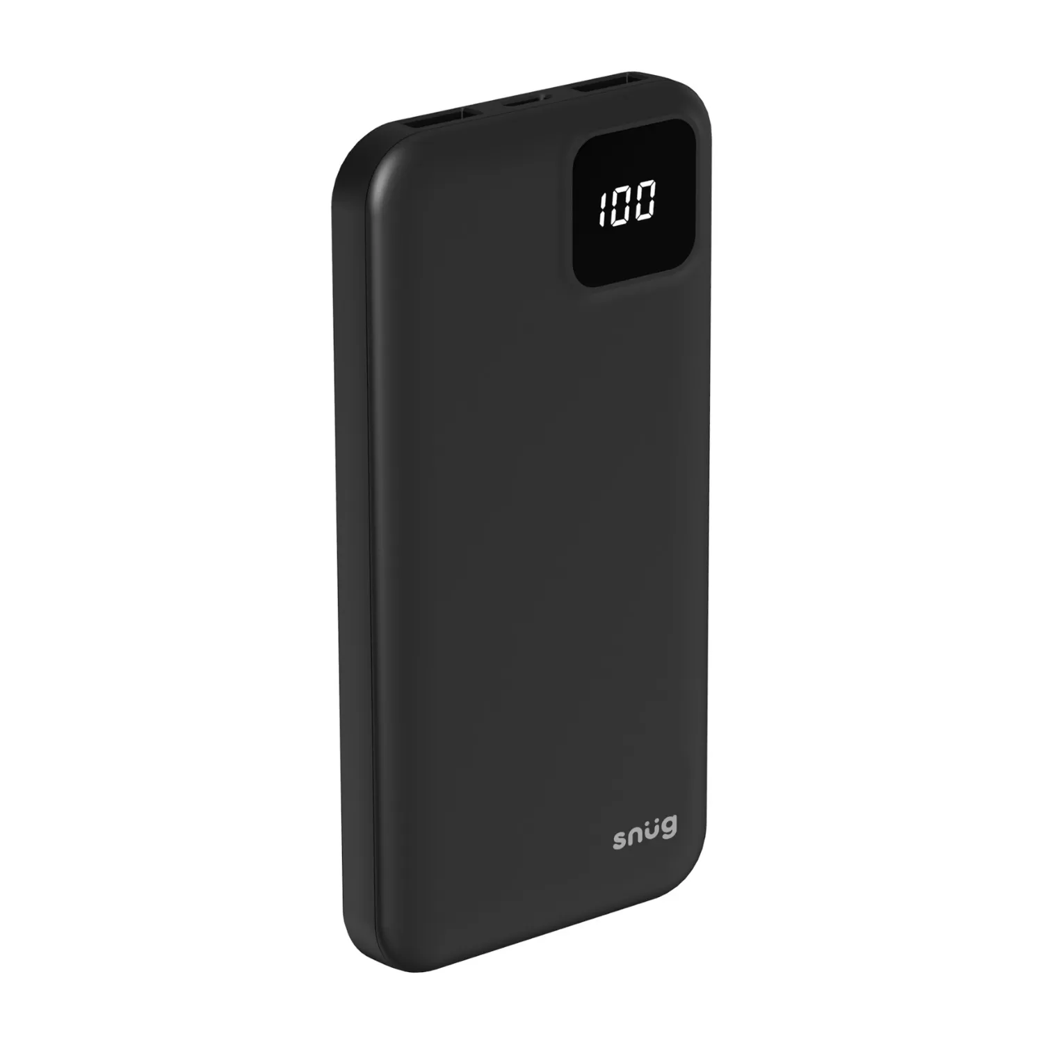 Tilted view 1 of snug power bank 10000mAh in black showing ports and digital LED power display – ideal for light daily portable charging.