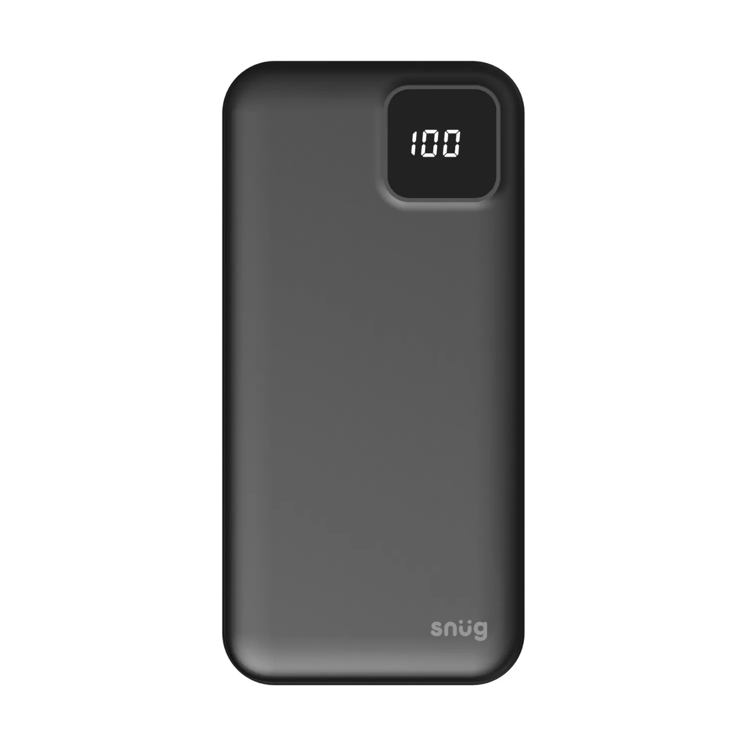 Snug power bank 10000mAh - front view in black with LED digital indicator. A reliable 10W snug power bank for everyday portable charging.