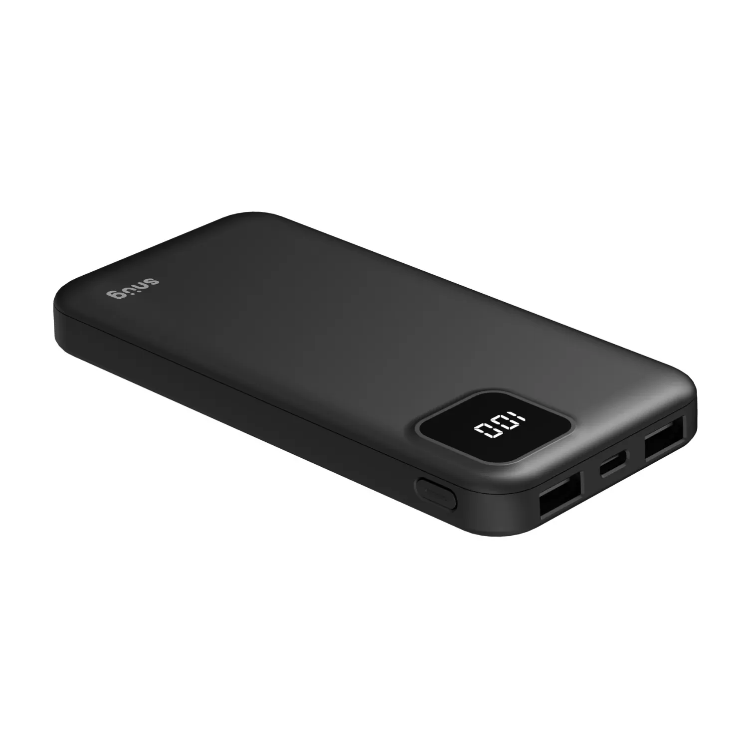 Side view of snug power bank 10000mAh with USB outputs and LED indicator – dependable for everyday portable charging needs.