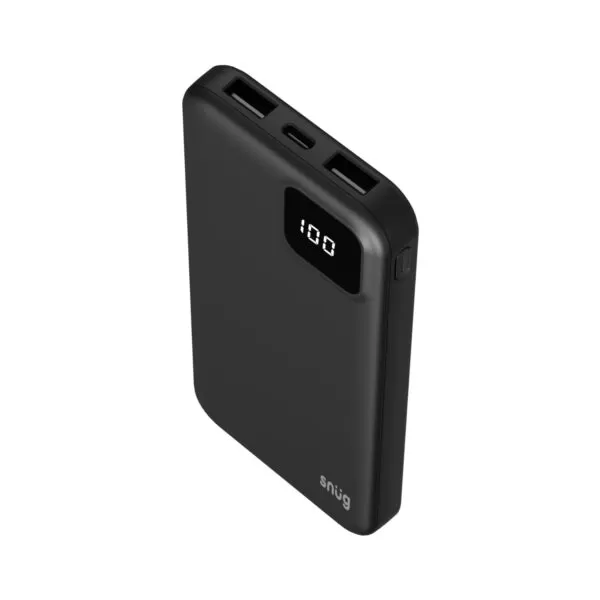 Top view 1 of snug power bank 10000mAh showing triple output ports. A compact and efficient 10W power bank 10000mAh for mobile devices.