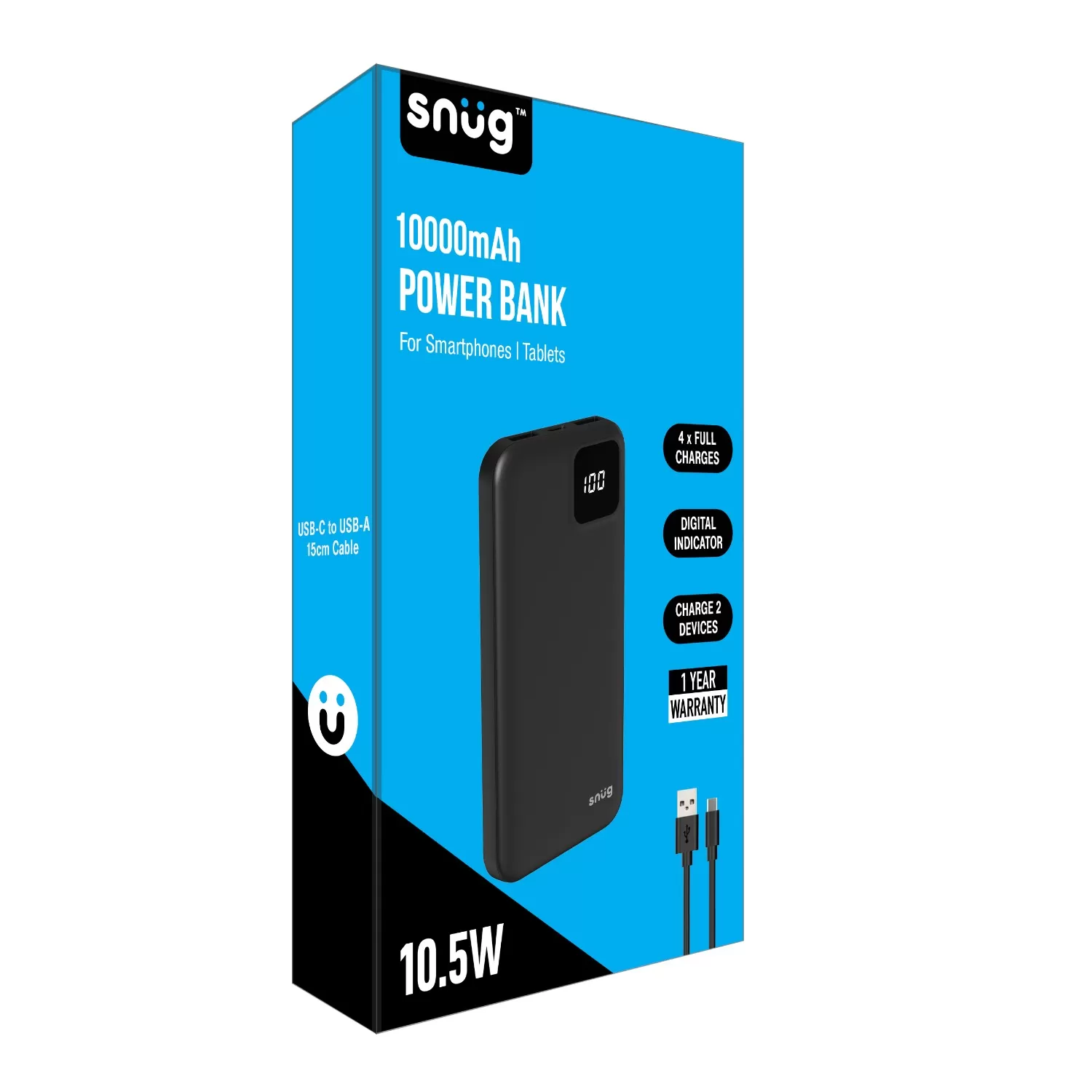 The snug power bank 10000mAh packaging showing LED status display and 3-device charging capability - compact 10W snug power bank.
