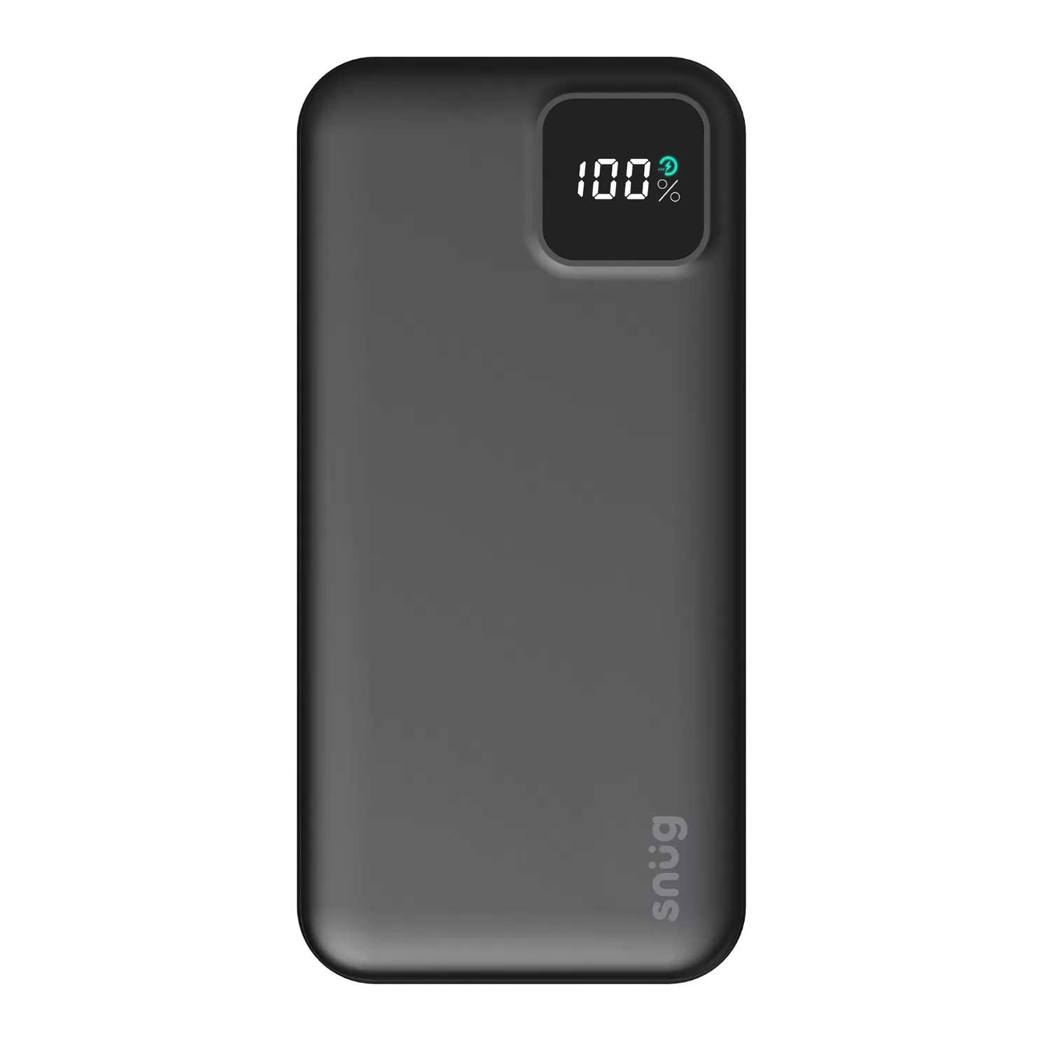 Snug power bank 10000mAh - front view with digital display. A compact 20W PD fast charging power bank with triple output for portable charging.