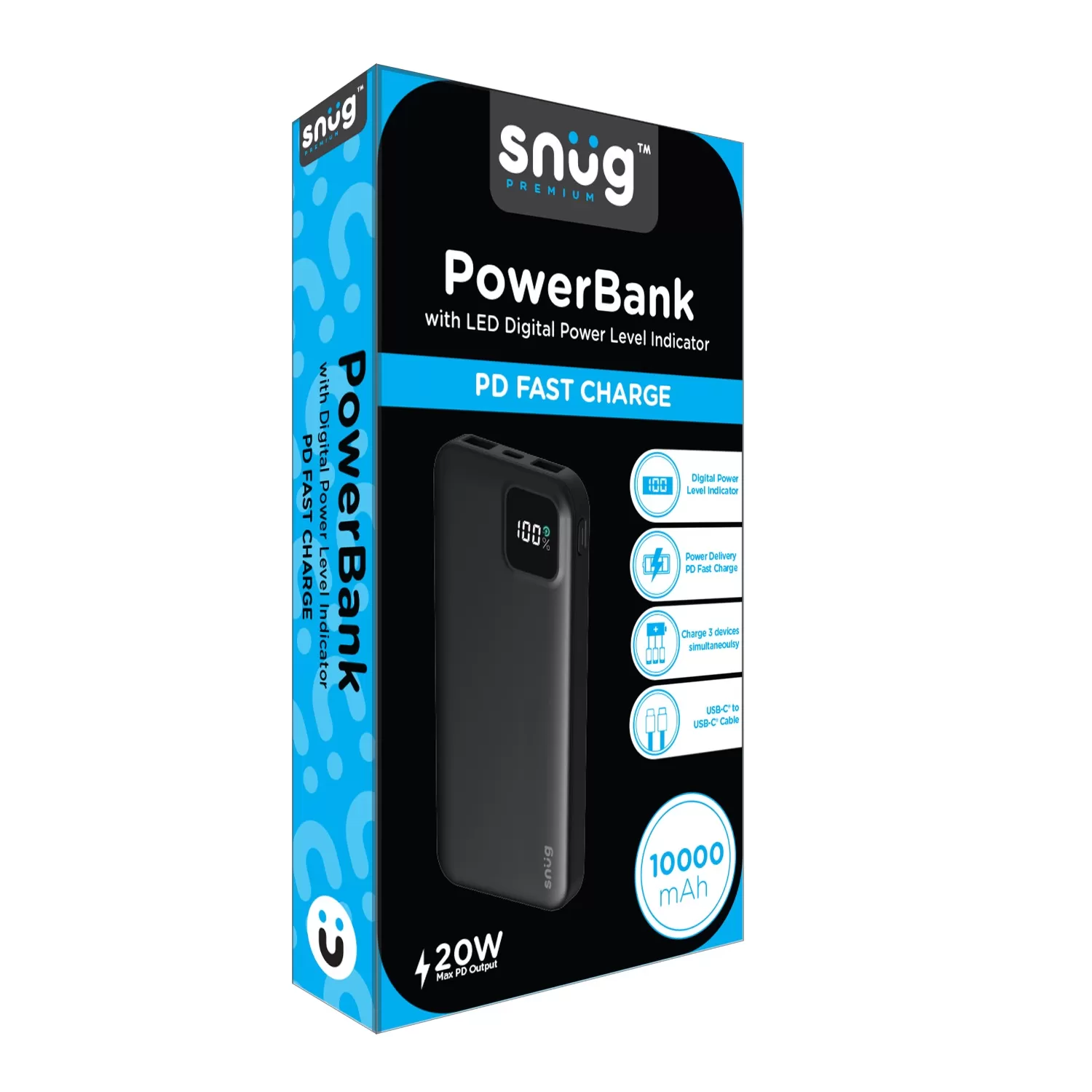 The snug power bank 10000mAh packaging detailing 20W PD fast charging, USB-C cable, and triple output ports.
