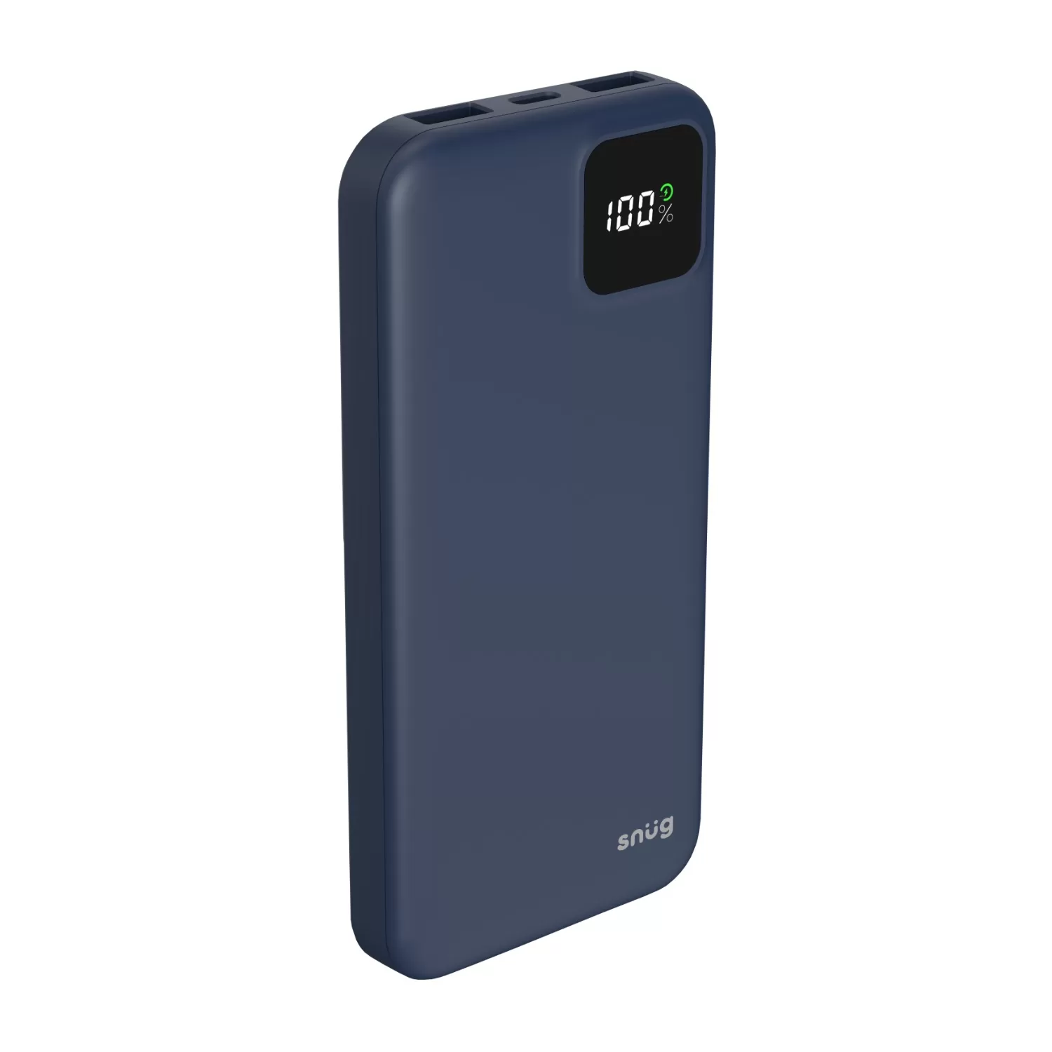 Angled front perspective 2 of Snug 10000mAh portable charger in blue, showcasing digital display and sleek design