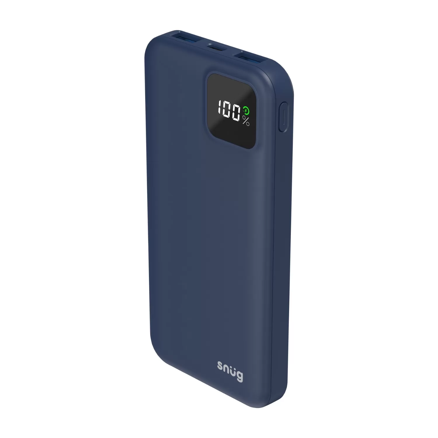 Angled front perspective 1 of Snug 10000mAh portable charger in blue, showcasing digital display and sleek design