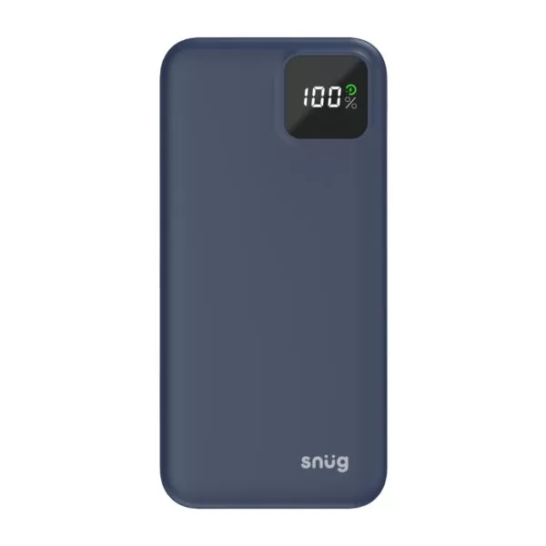 Front view of Snug 10000mAh power bank in blue, featuring a digital power level indicator and 20W PD fast charging capability.