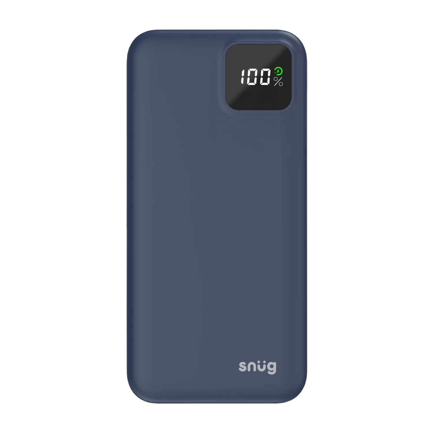 Front view of Snug 10000mAh power bank in blue, featuring a digital power level indicator and 20W PD fast charging capability.