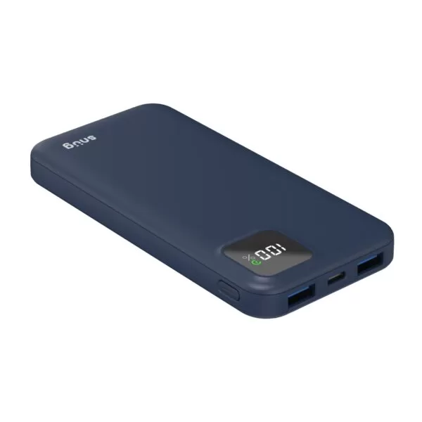 Side view of Snug 10000mAh power bank in blue, displaying USB-C and dual USB-A ports for multi-device charging