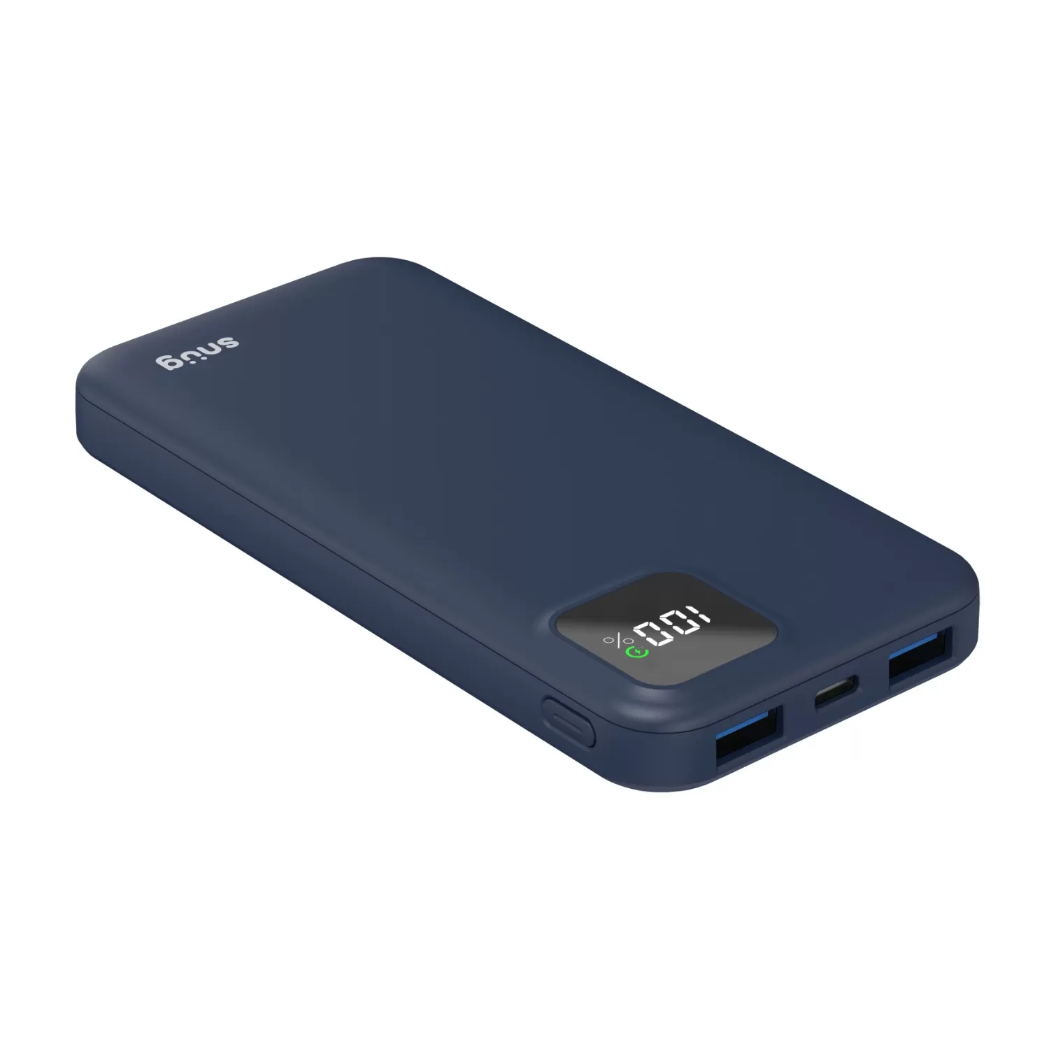 Side view of Snug 10000mAh power bank in blue, displaying USB-C and dual USB-A ports for multi-device charging