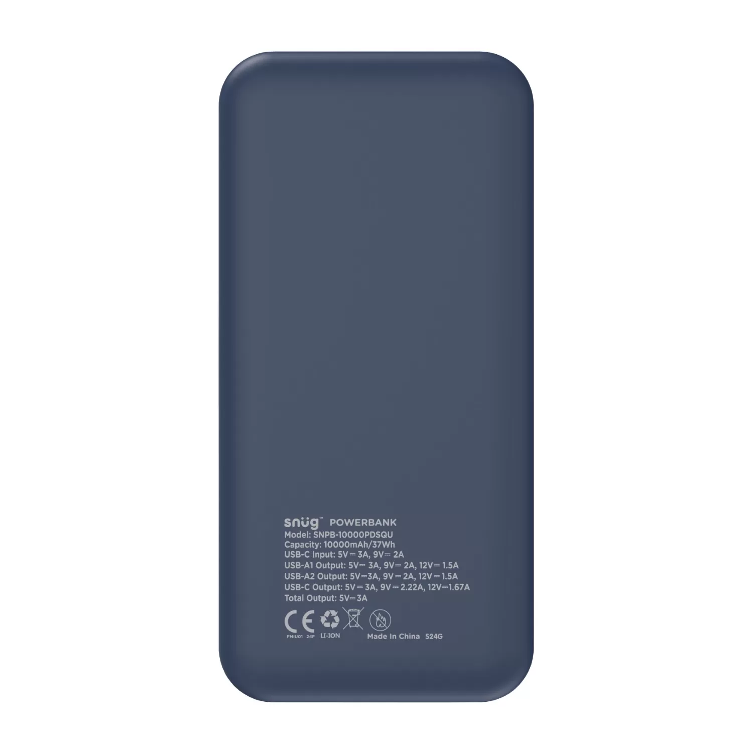 Back of Snug 10000mAh power bank in blue, detailing specifications and charging capabilities.