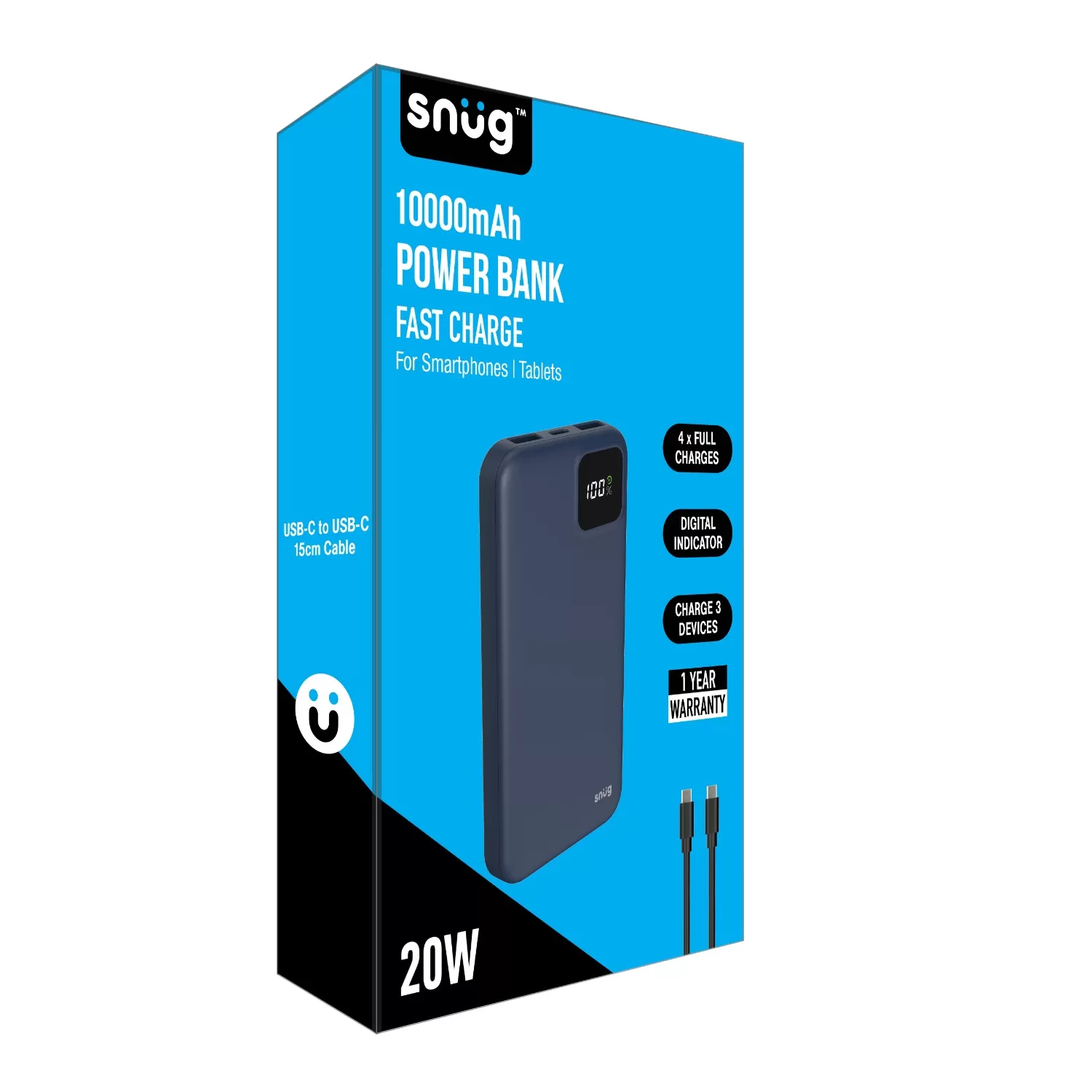 Front of retail packaging for Snug 10000mAh power bank in blue, highlighting 20W PD fast charging and digital display features