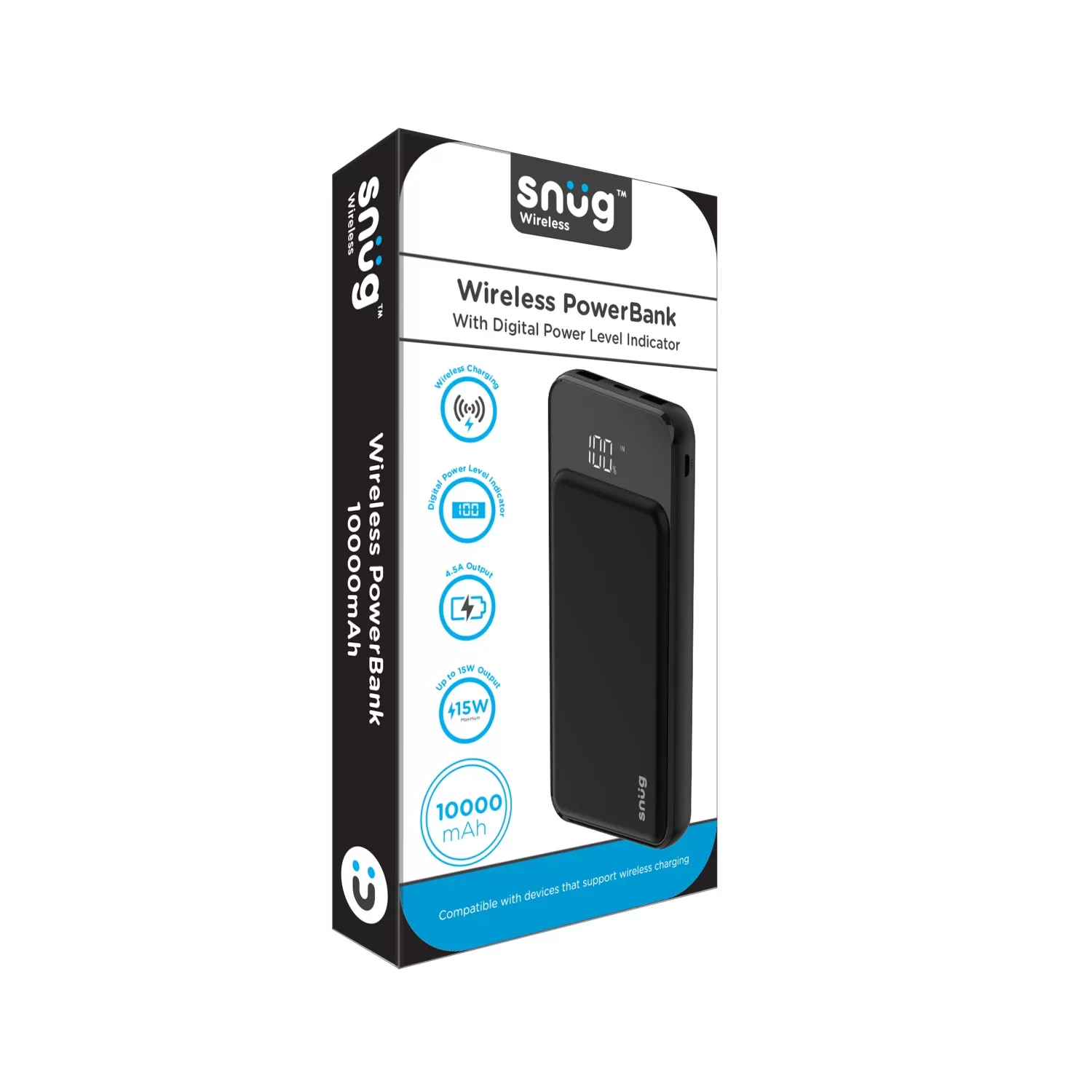 Snug Power Bank 10000mAh packaging – sleek, compact design with wireless charging capability.