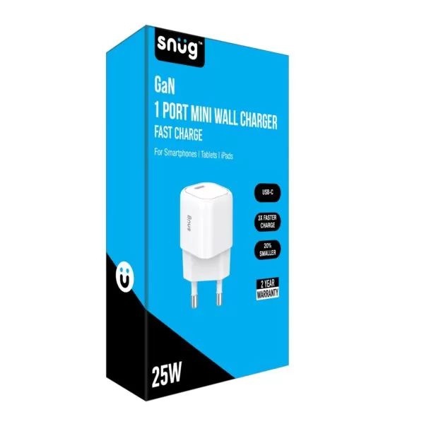 Box packaging of the White Snug 25W Mini Wall Charger.