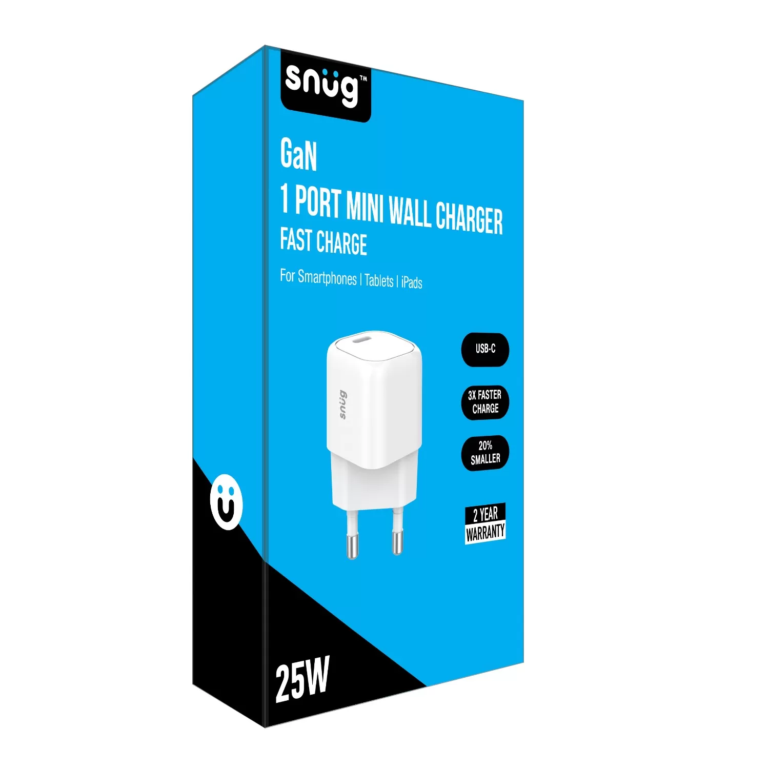 Box packaging of the White Snug 25W Mini Wall Charger.