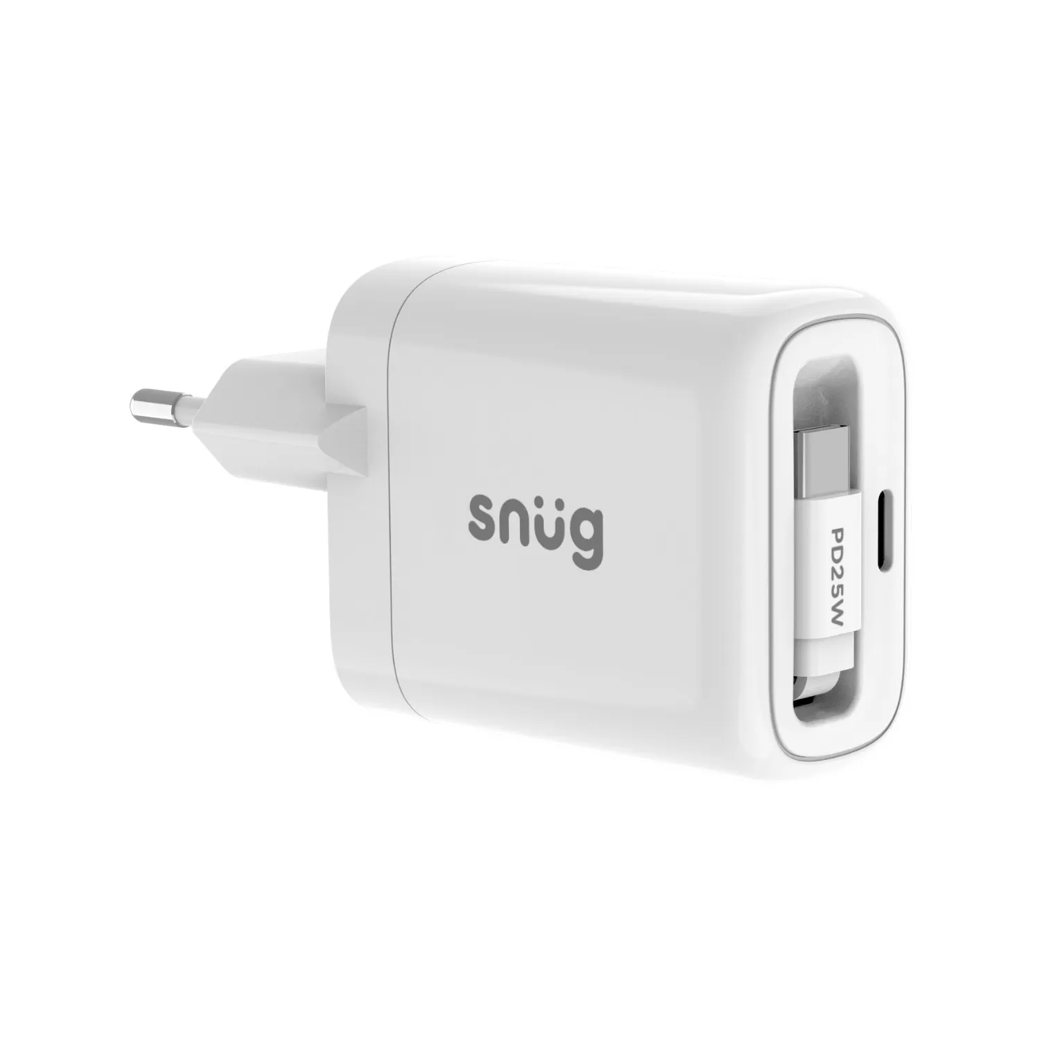 25W Snug PD Wall Charger with Retractable Type-C Cable – 1-Port White - Image 3