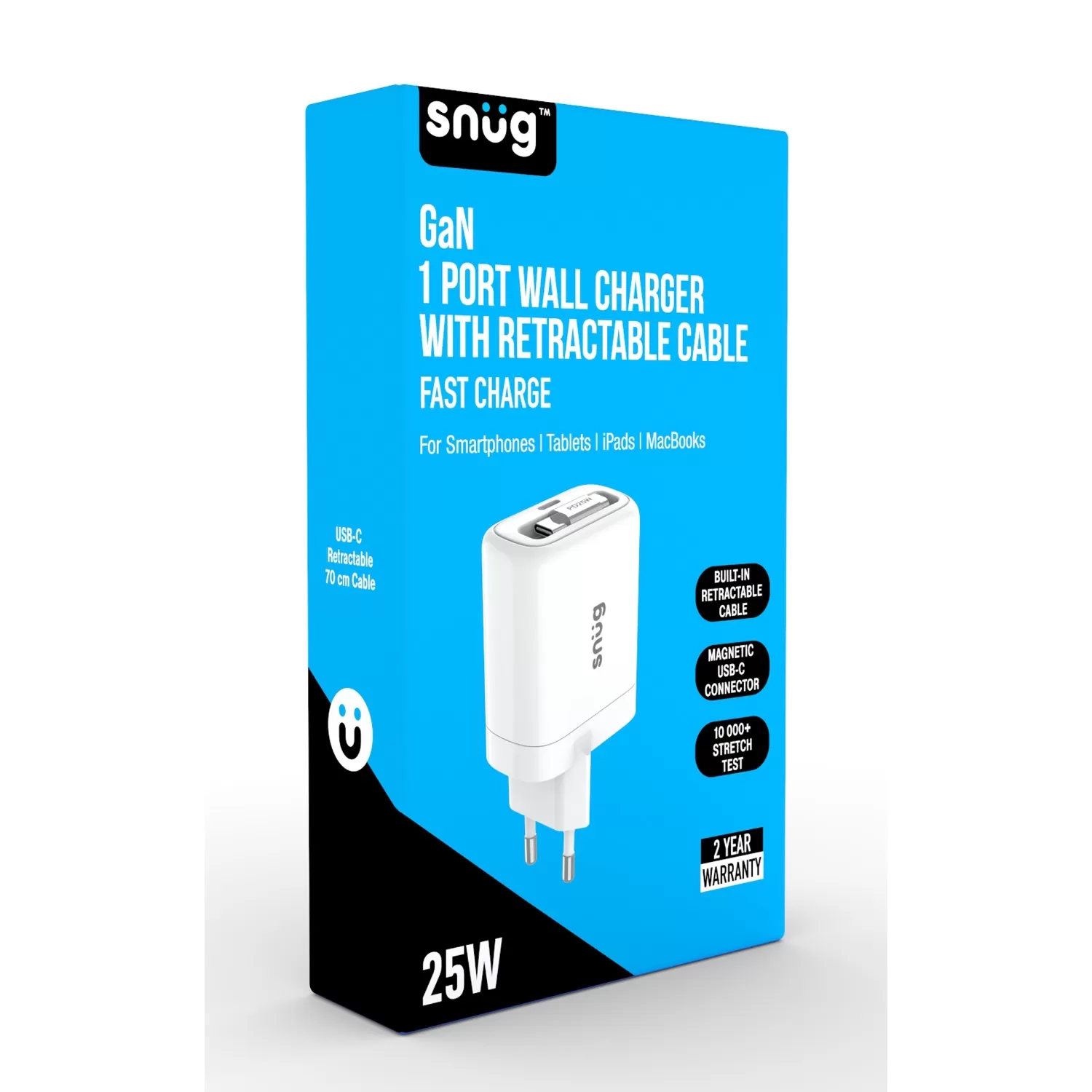 25W Snug PD Wall Charger with Retractable Type-C Cable – 1-Port White - Image 5
