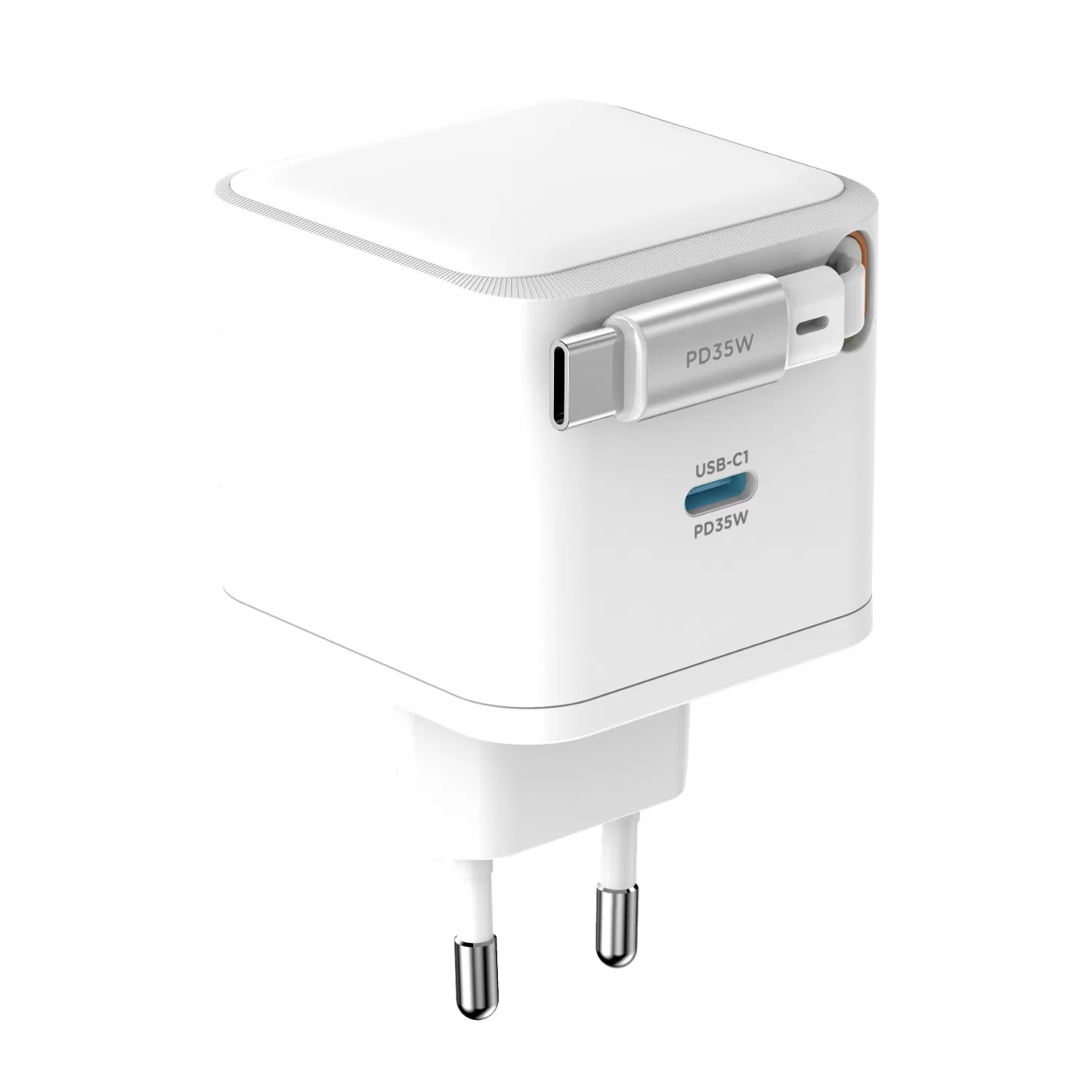 35W Snug PD Wall Charger with Retractable Type-C Cable – 1-Port White
