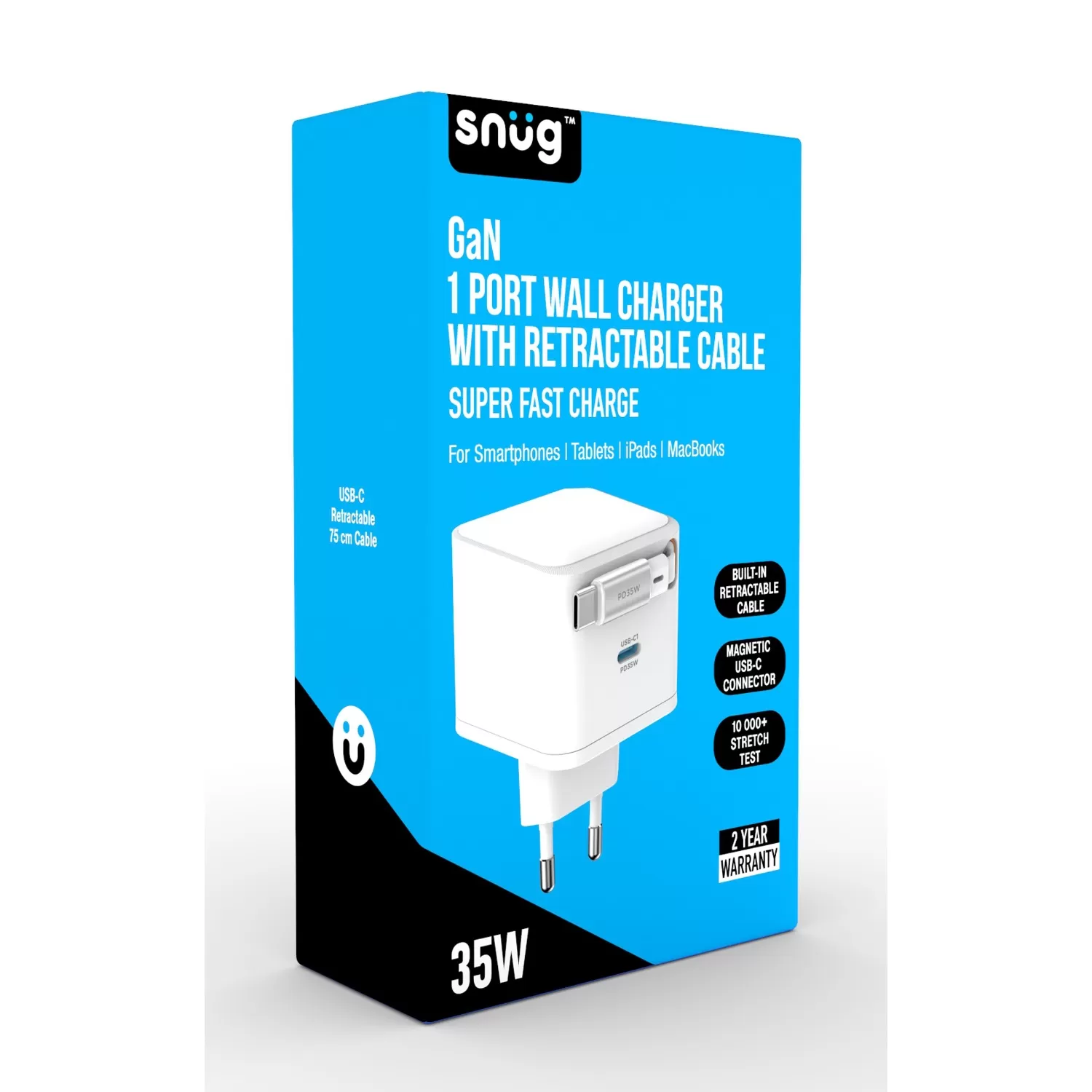 35W Snug PD Wall Charger with Retractable Type-C Cable – 1-Port White - Image 5
