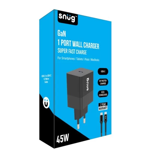 Box packaging of the Black Snug 45W GaN Wall Adapter Charger.