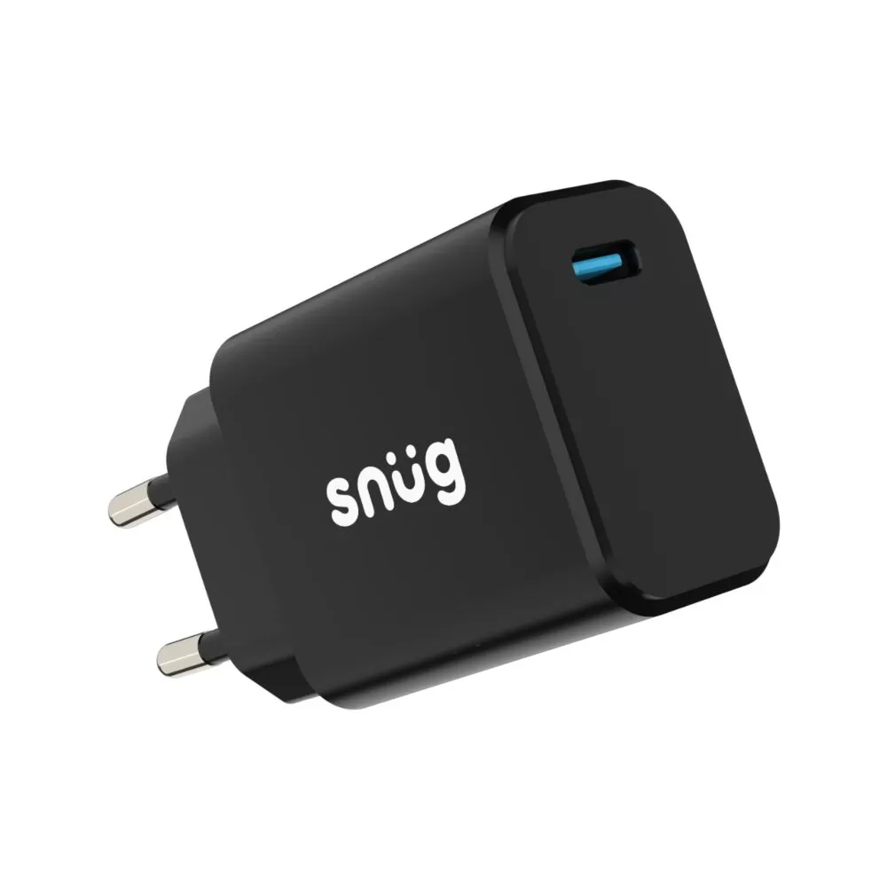 Side profile of the Snug 25W GaN Charger showing its sleek, slim design.